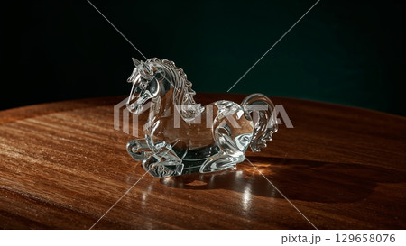 A horse figurine is sitting on a wooden table 129658076