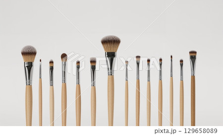 A row of wooden makeup brushes with a white background 129658089