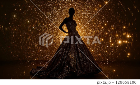 A woman in a gold dress is silhouetted against a backdrop of glittering stars 129658100
