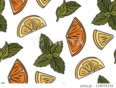 Vector seamless pattern with hand drawn orange and lemon slices and mint leaves. Citrus fruit and peppermint foliage texture. Cocktail 129658139