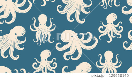 Vector seamless pattern of white octopus silhouettes on a blue background. Bold retro style with repeating marine creatures. Vector seamless pattern of white octopus silhouettes on a blue background. Bold retro style with repeating marine creatures. 129658140