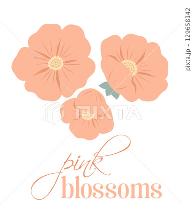 Vector card with pink flowers and lettering. Floral composition with inscription. Blooming sakura. Delicate postcard Vector card with pink flowers and lettering. Floral composition with inscription. Blooming sakura. Delicate postcard 129658142
