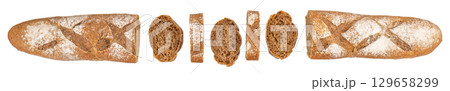 Isolated rustic rye baguette with sliced pieces showing dark crumb and flour-dusted crust on white background Isolated rustic rye baguette with sliced pieces showing dark crumb and flour-dusted crust on white background 129658299