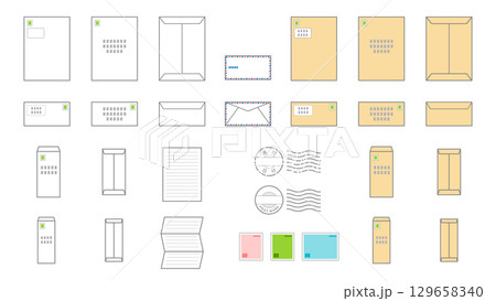 封筒と郵便アイコンセット／白封筒・茶封筒・エアメール・窓付き封筒・大判封筒の裏表 129658340