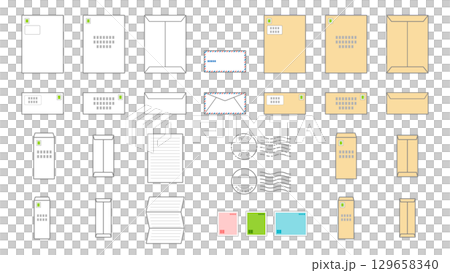 信封和郵件圖示集/白色信封、棕色信封、航空郵件、窗戶信封、大信封的正面和背面 129658340