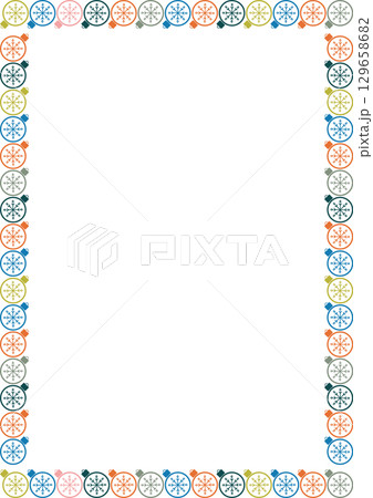 Christmas decoration frame. Festive greeting template with Christmas toy elements. Bright border 129658682