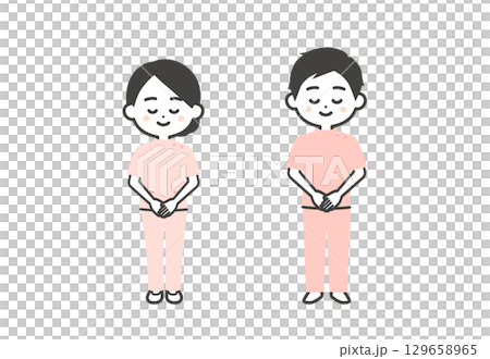 一男一女鞠躬姿勢的三頭插畫 一男一女鞠躬姿勢的三頭插畫 129658965