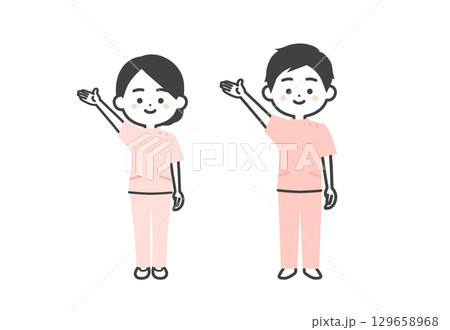 手で上のほうを指すケーシー姿の3頭身男女イラスト 手で上のほうを指すケーシー姿の3頭身男女イラスト 129658968