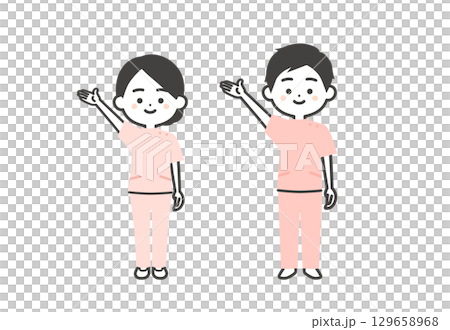 手で上のほうを指すケーシー姿の3頭身男女イラスト 手で上のほうを指すケーシー姿の3頭身男女イラスト 129658968