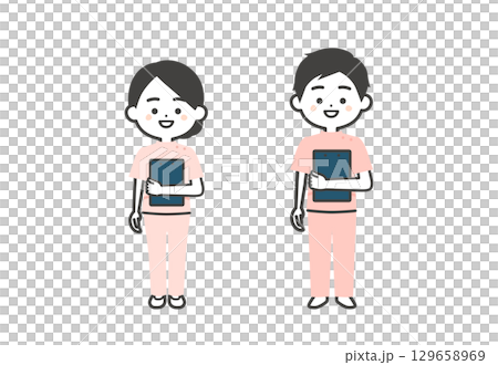 Three-dimensional illustration of a man and woman in Casey costume holding documents 129658969