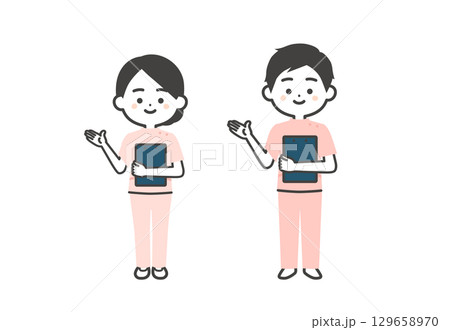 資料を持って手で指すケーシー姿の3頭身男女イラスト 129658970