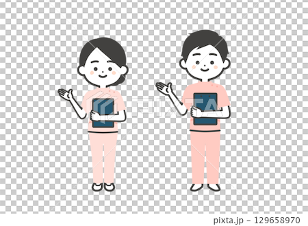 身穿凱西服裝的一名男子和一名女子手持文件並用手指的三維插圖 129658970