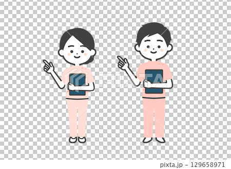 A three-dimensional illustration of a man and woman in Casey costume pointing at a document A three-dimensional illustration of a man and woman in Casey costume pointing at a document 129658971