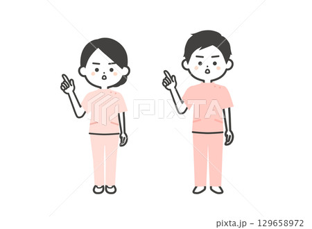 真剣な表情で指をさすケーシー姿の3頭身男女イラスト 129658972