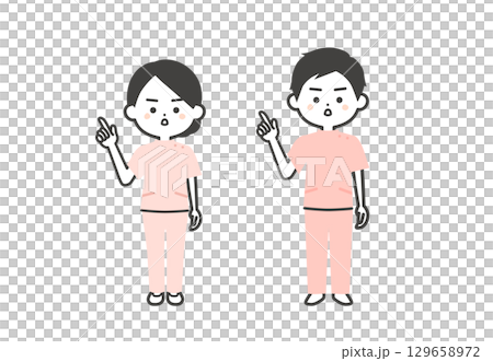 真剣な表情で指をさすケーシー姿の3頭身男女イラスト 129658972