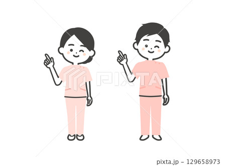 ウインクしながら指をさすケーシー姿の3頭身男女イラスト 129658973
