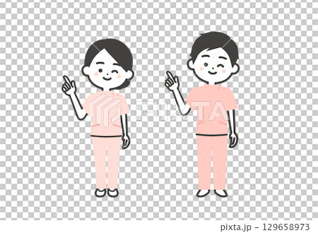 ウインクしながら指をさすケーシー姿の3頭身男女イラスト 129658973