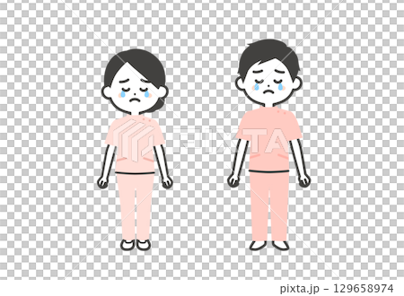 涙を流すケーシー姿の3頭身男女イラスト 129658974