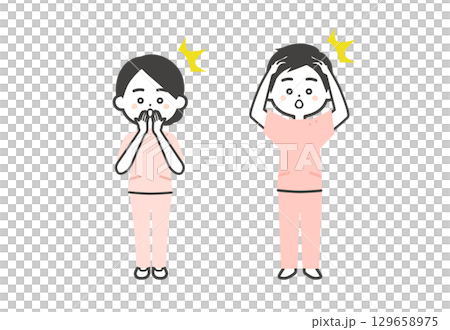 驚くケーシー姿の3頭身男女イラスト 驚くケーシー姿の3頭身男女イラスト 129658975