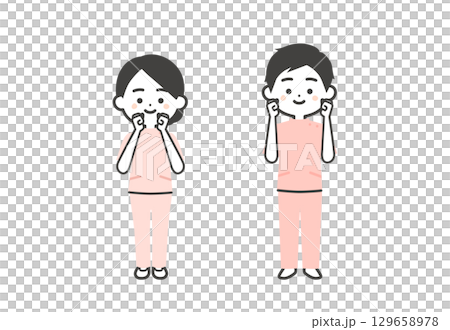 凱西姿勢的一名男子和一名女子用雙手握拳的立體插圖 129658978