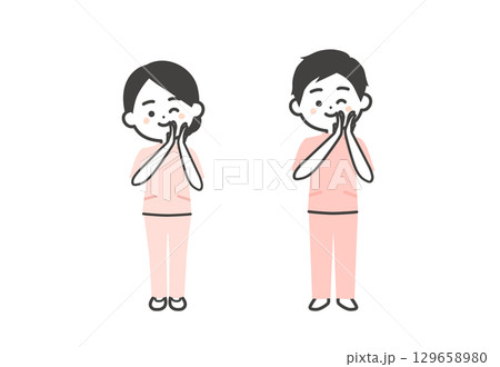 ウインクしながら拍手するケーシー姿の3頭身男女イラスト 129658980