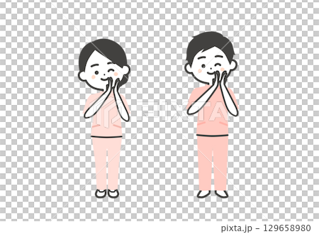 ウインクしながら拍手するケーシー姿の3頭身男女イラスト 129658980