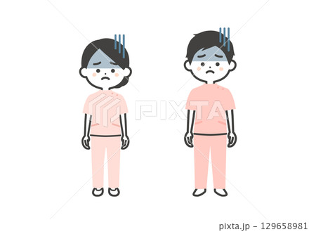 暗い表情のケーシー姿の3頭身男女イラスト 129658981