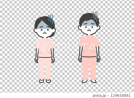 暗い表情のケーシー姿の3頭身男女イラスト 129658981