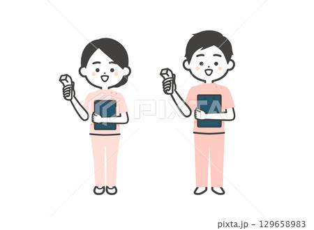 体温計を持つケーシー姿の3頭身男女イラスト 129658983