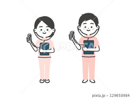 聴診器を持つケーシー姿の3頭身男女イラスト 129658984