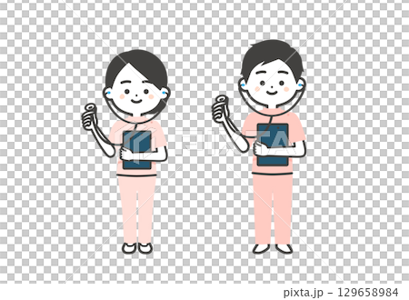 聴診器を持つケーシー姿の3頭身男女イラスト 129658984