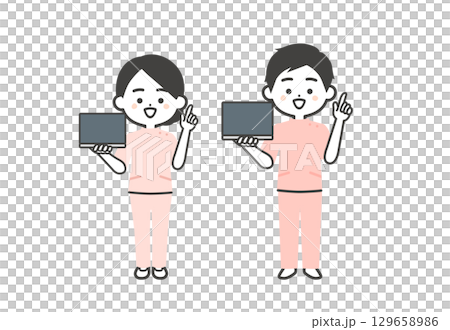 A three-dimensional illustration of a man and woman in Casey pose holding a laptop and pointing their finger 129658986