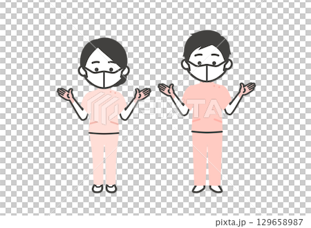 A three-dimensional illustration of a man and woman wearing rubber gloves and a mask 129658987