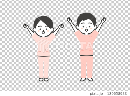 身穿凱西服裝的男子和女子舉起雙拳的三維插圖 129658988