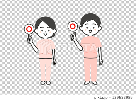 A three-dimensional illustration of a man and woman in Casey costume holding the correct answer card 129658989