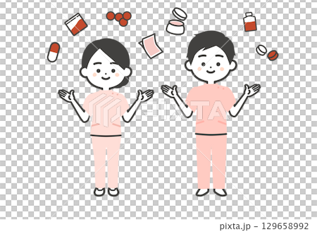 色んな種類の薬品とケーシー姿の3頭身男女イラスト 129658992