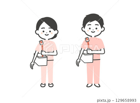 バッグを肩にかけるケーシー姿の3頭身男女イラスト 129658993