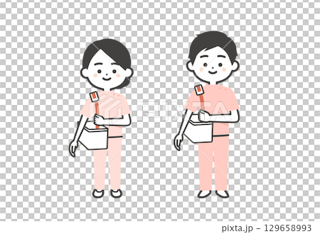 バッグを肩にかけるケーシー姿の3頭身男女イラスト 129658993