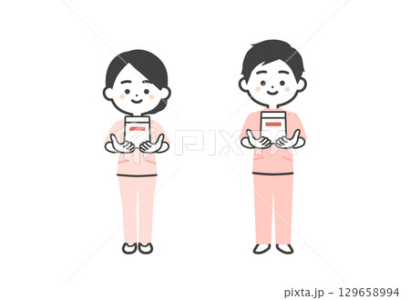 薬袋を差し出すケーシー姿の3頭身男女イラスト 129658994