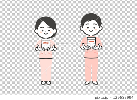 薬袋を差し出すケーシー姿の3頭身男女イラスト 129658994