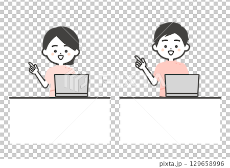 ノートパソコンを使うケーシー姿の3頭身男女イラスト 129658996