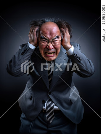 激怒する高齢男性の迫力ある表情 – 怒り、恐怖、威圧感を表現する人物イメージ 129659005