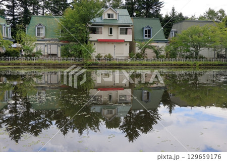 The beautiful ponds full of water lilies in the Lake Garden in the resort town of Karuizawa in the Japanese Alps of Nagano Japan The beautiful ponds full of water lilies in the Lake Garden in the resort town of Karuizawa in the Japanese Alps of Nagano Japan 129659176