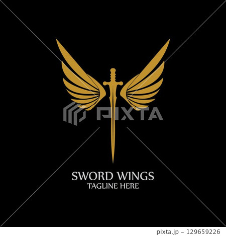Sword with Wings. Golden Sword Symbol on Black Background. 129659226