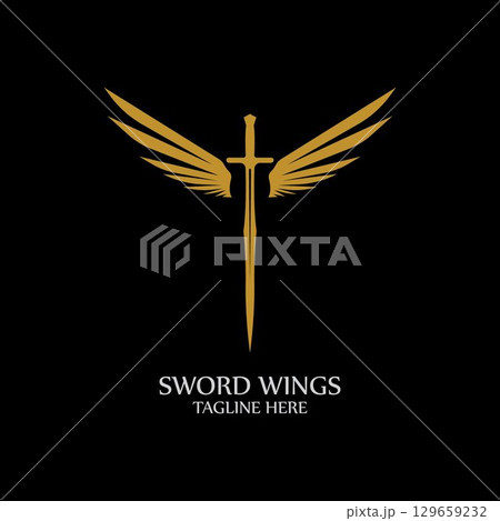 Sword with Wings. Golden Sword Symbol on Black Background. Sword with Wings. Golden Sword Symbol on Black Background. 129659232
