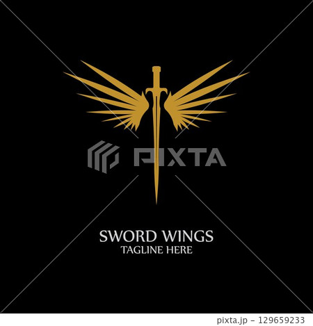 Sword with Wings. Golden Sword Symbol on Black Background. 129659233