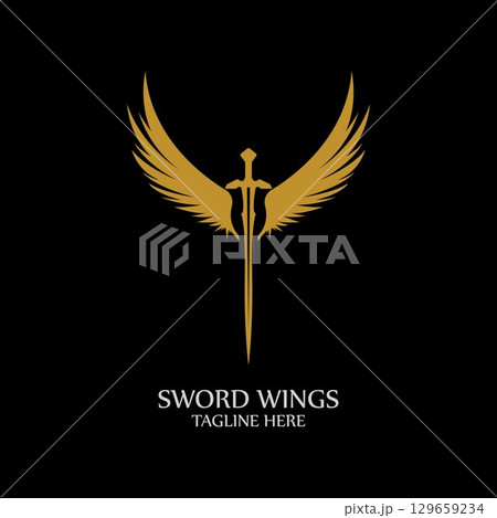 Sword with Wings. Golden Sword Symbol on Black Background. 129659234