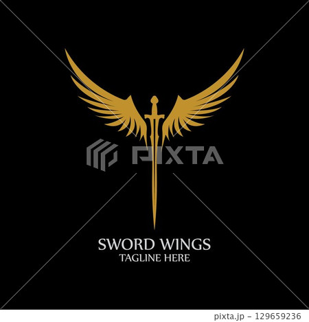 Sword with Wings. Golden Sword Symbol on Black Background. Sword with Wings. Golden Sword Symbol on Black Background. 129659236