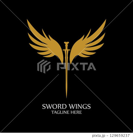 Sword with Wings. Golden Sword Symbol on Black Background. 129659237