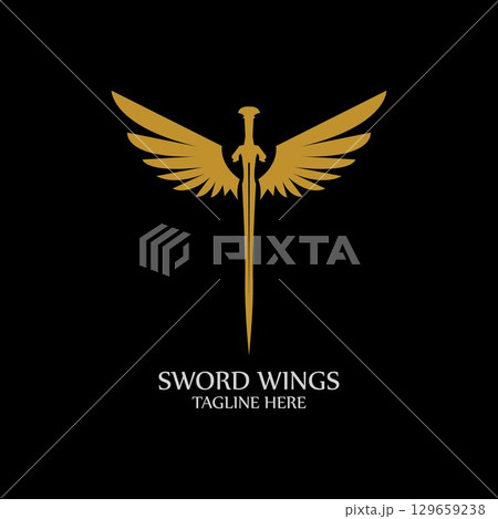 Sword with Wings. Golden Sword Symbol on Black Background. Sword with Wings. Golden Sword Symbol on Black Background. 129659238